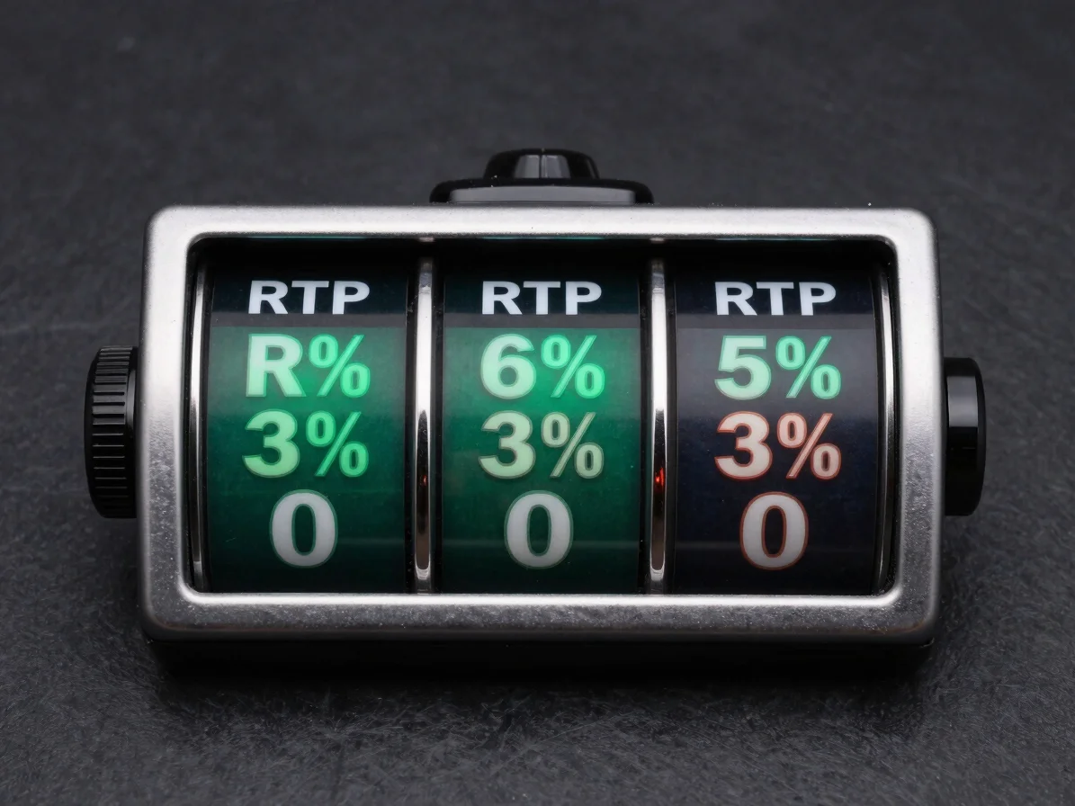 Macro close-up of a digital slot reel displaying RTP percentage a