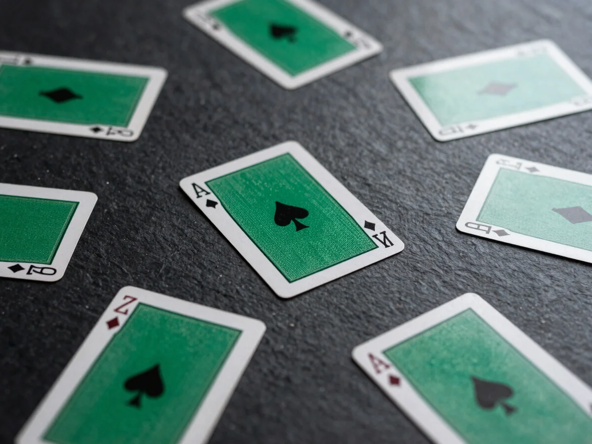 Overhead composition of digital playing cards scattered on a dark